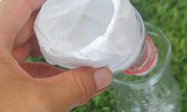 Cắt một nửa chai nước đặt khăn ăn hoặc khăn giấy vào cổ chai
